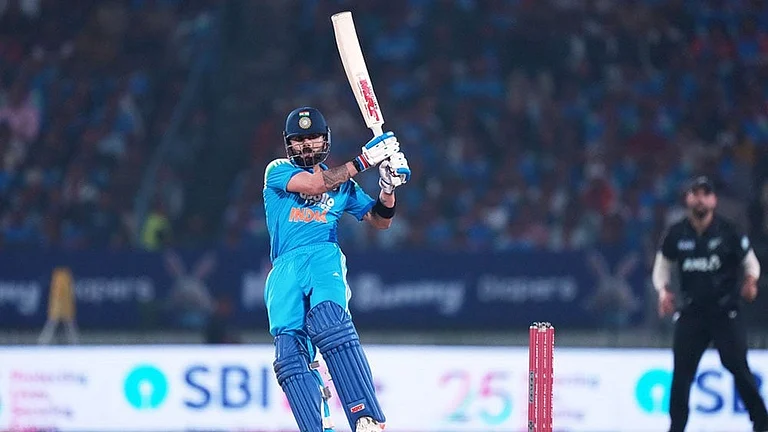 India's Virat Kohli plays a shot during the first One Day International cricket match between India and New Zealand in Vadodara, India. - | Photo: AP/Ajit Solanki
