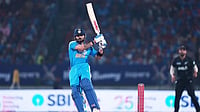 | Photo: AP/Ajit Solanki : India's Virat Kohli plays a shot during the first One Day International cricket match between India and New Zealand in Vadodara, India.