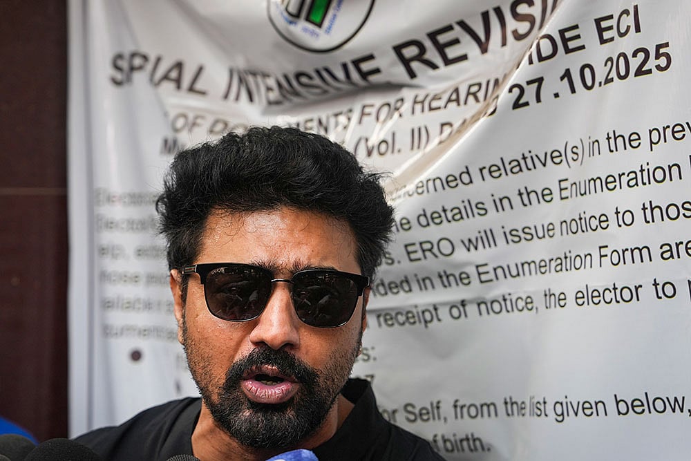 Actor and TMC MP Deepak Adhikari, popularly known as Dev, addresses the media after appearing for a Special Intensive Revision (SIR) verification hearing as summoned by the Election Commission (EC), at Katjunagar Swarnamayee Vidyapith (HS), Jadavpur, in Kolkata, West Bengal. - | Photo: PTI/Manvender Vashist Lav