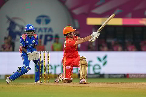 Gujarat Giants' Sophie Devine plays a shot during the Women's Premier League (WPL) 2026 T20 cricket match between Gujarat Giants and Mumbai Indians, at the DY Patil Stadium, in Navi Mumbai.