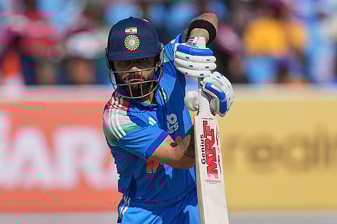 India's Virat Kohli plays a shot during the second One Day International cricket match between India and New Zealand in Rajkot, India.