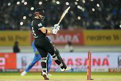 New Zealand's Henry Nicholls bowled to by India's Prasidh Krishna during the second One Day International cricket match between India and New Zealand in Rajkot, India.