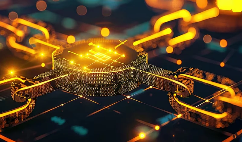 Glowing blockchain hub with linked chains