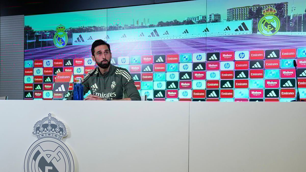 Real Madrid new coach Alvaro Arbeloa attends a press conference at the club's Valdebebas training ground in Madrid, Tuesday, Jan. 13, 2026. - (AP Photo/Manu Fernandez)