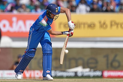 India's captain Shubman Gill plays a shot during the second One Day International cricket match between India and New Zealand in Rajkot, India.