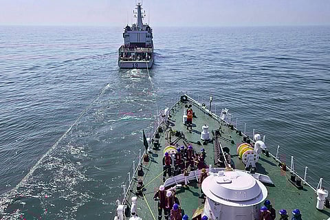 India Coast Guard ships during an operational readiness frontline review by Coast Guard Region (West) Commander Inspector General Bhisham Sharma, unseen, in Mumbai. 