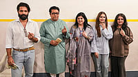 BMC Polls: Nearly 30% Voter Turnout By 1.30 pm As Leaders, Film Stars Cast Votes | Photo: PTI/Kunal Patil : Maharashtra Navnirman Sena (MNS) chief Raj Thackeray with party leader and his son Amit Thackeray and other family members, shows his ink-marked finger after casting a vote in the Brihanmumbai Municipal Corporation (BMC) polls, in Mumbai.