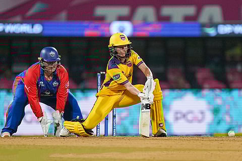 UP Warriorz's captain Meg Lanning plays a shot during a Women's Premier League (WPL) T20 cricket match between Delhi Capitals and UP Warriorz, at the DY Patil Stadium in Navi Mumbai.