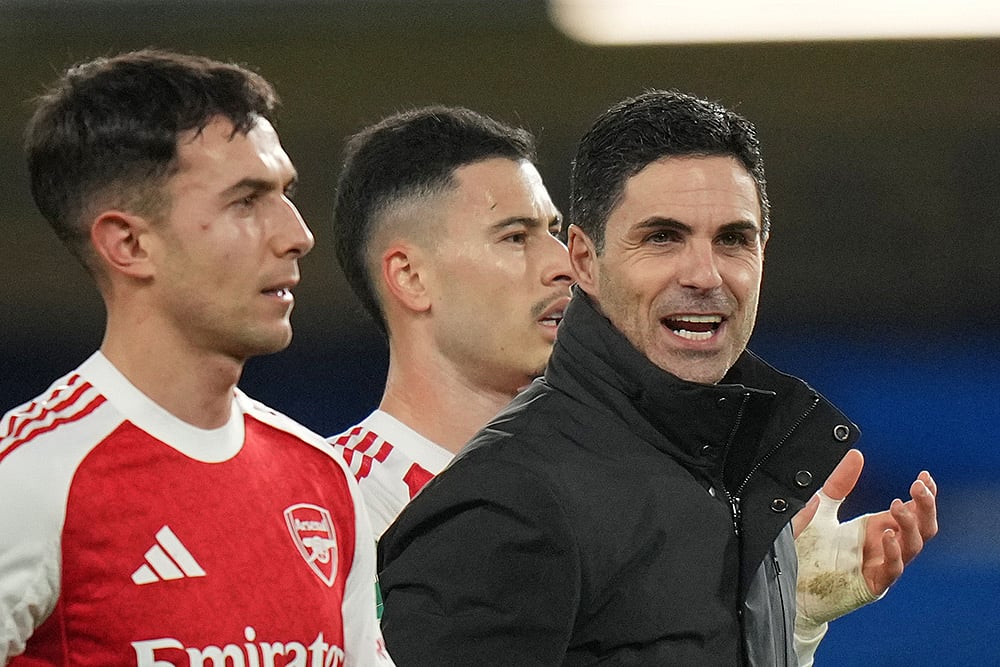 Arsenal's manager Mikel Arteta reacts after the English League Cup semifinal first leg soccer match between Chelsea and Arsenal in London.  - | Photo: AP/Alastair Grant
