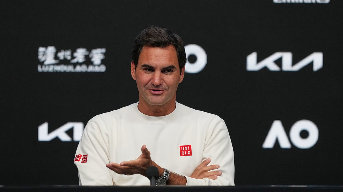Roger Federer of Switzerland gestures during a press conference ahead of the Australian Open tennis championship in Melbourne, Australia, Thursday, Jan. 15, 2026 - (AP Photo/Mark Baker)