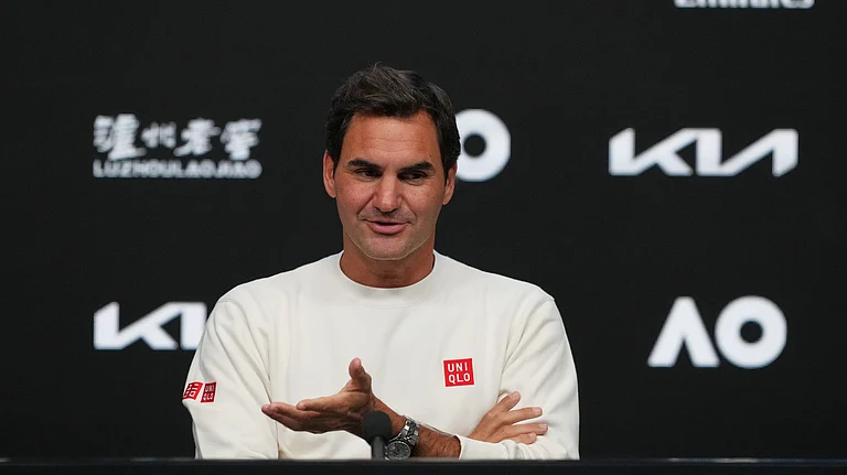 Roger Federer of Switzerland gestures during a press conference ahead of the Australian Open tennis championship in Melbourne, Australia, Thursday, Jan. 15, 2026 - (AP Photo/Mark Baker)