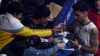 | Photo: BAI_media : Lakshya Sen signs autographs after his India Open match against Kenta Nishimoto on January 15, 2026.