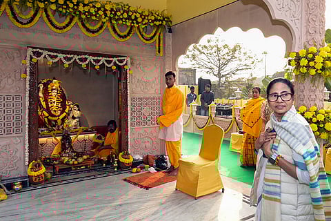 West Bengal Chief Minister Mamata Banerjee during a visit to Bagala Devi temple, in Kolkata.