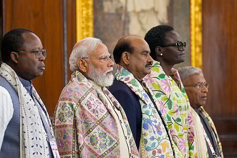 Prime Minister Narendra Modi, second left, Lok Sabha Speaker Om Birla, centre, Rajya Sabha Deputy Chairman Harivansh Narayan Singhm right, and others during the 28th Conference of Speakers and Presiding Officers of Commonwealth Countries (CSPOC), at the Samvidhan Sadan, in New Delhi.