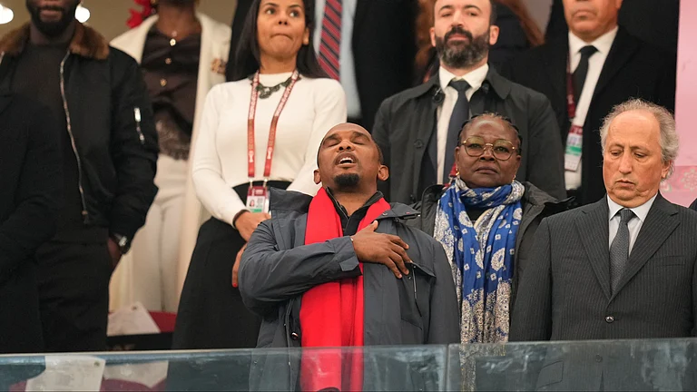 Cameroonian football administrator and former player Samuel Eto'o, center, attends the Africa Cup of Nations quarterfinal soccer match between Cameroon and Morocco, in Rabat, Morocco, Friday, Jan. 9, 2026. - | Photo: AP/Mosa'ab Elshamy
