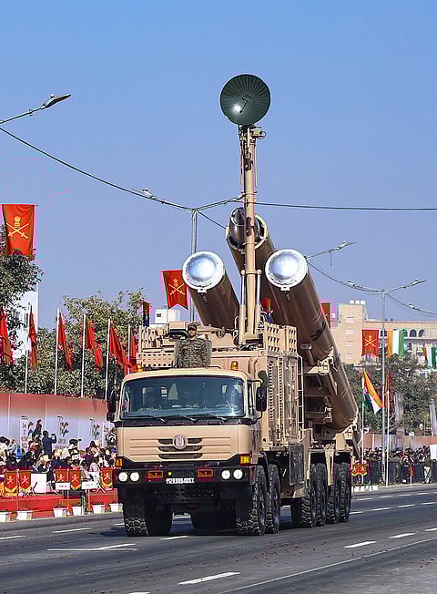 Capt Pukharaj Kaushik with BrahMos Missile System during the 78th Army Day parade, at Mahal Road in Jaipur.