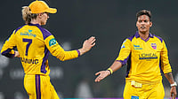 Photo: PTI/Kunal Patil : UP Warriorz' Deepti Sharma, right, celebrates with captain Meg Lanning after taking the wicket of Delhi Capitals' Lizelle Lee during the Women's Premier League (WPL) 2026 T20 cricket match between UP Warriorz and Delhi Capitals, at the DY Patil Stadium, in Navi Mumbai.