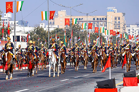An Indian army contingent marches during the 78th Army Day Parade celebration, at Mahal Road, in Jaipur, Rajasthan. 