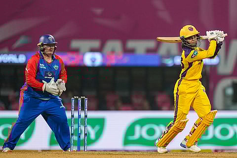 UP Warriorz's Harleen Deol plays a shot during a Women's Premier League (WPL) T20 cricket match between Delhi Capitals and UP Warriorz, at the DY Patil Stadium in Navi Mumbai.