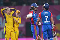 | Photo: PTI/Kunal Patil : Delhi Capitals' Laura Wolvaardt and Marizanne Kapp wait for third umpire's decision regarding the latter's wicket after a review by UP Warriorz during the Women's Premier League (WPL) 2026 T20 cricket match between UP Warriorz and Delhi Capitals, at the DY Patil Stadium, in Navi Mumbai.