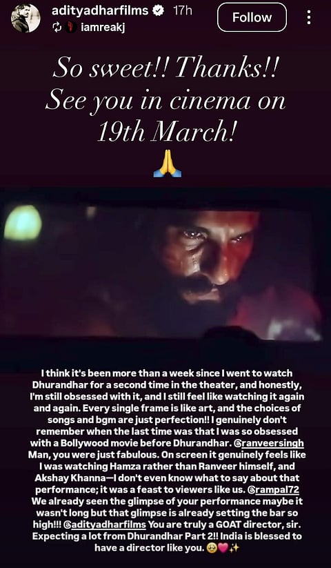 Aditya Dhar's post on Dhurandhar release date