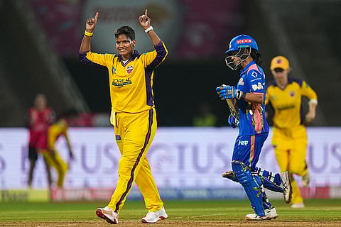 UP Warriorz's Deepti Sharma, left, celebrates after the wicket of Mumbai Indians' Amanjot Kaur during the Women's Premier League (WPL) T20 cricket match between Mumbai Indians and UP Warriorz, at the DY Patil Stadium in Navi Mumbai.