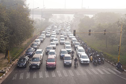 Vehicles at a traffic signal amid traffic congestion on Delhi-Meerut Expressway exit at Sara Kale Khan, in New Delhi.