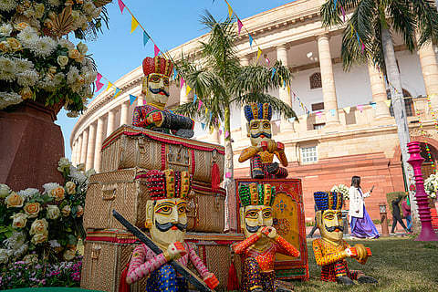 Rajasthan-themed decoratives and standees at the state’s stall during an exhibition organised as part of the 28th Conference of Speakers and Presiding Officers of the Commonwealth (CSPOC), at the Parliament House complex, in New Delhi.
