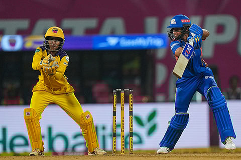 Mumbai Indians' captain Harmanpreet Kaur plays a shot during the Women's Premier League (WPL) 2026 T20 cricket match between Mumbai Indians and UP Warriorz, at the DY Patil Stadium, in Navi Mumbai.
