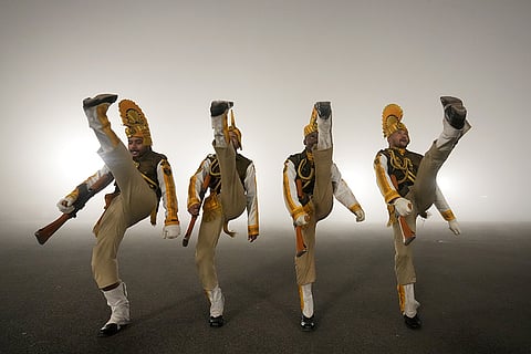 Central Industrial Security Force (CISF) personnel during rehearsals amid dense fog on a cold winter morning, ahead of the Republic Day Parade, in New Delhi.