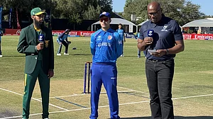 X/Afghanistan Cricket Board : Captains at the toss for game 6 of ICC Under-19 World Cup 2026 between Afghanistan and South Africa in Windhoek.