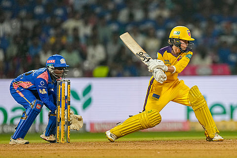 UP Warriorz' Phoebe Litchfield plays a shot during the Women's Premier League (WPL) 2026 T20 cricket match between Mumbai Indians and UP Warriorz, at the DY Patil Stadium, in Navi Mumbai.
