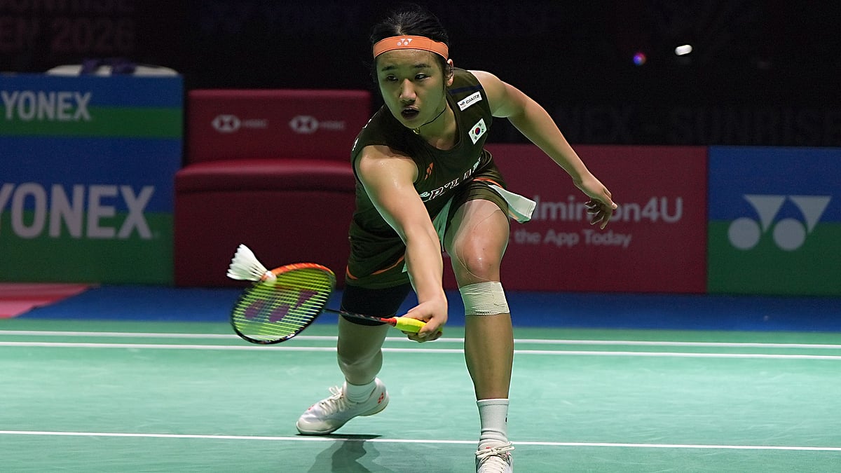 An Se Young of South Korea in action during the women's singles semi-finals of India Open 2026. - BAI