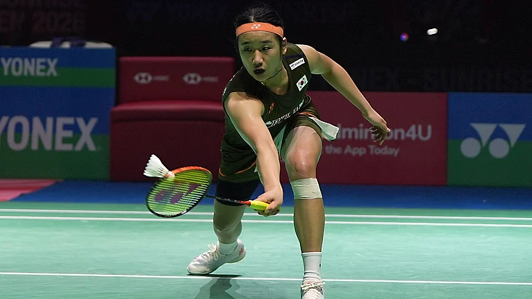An Se Young of South Korea in action during the women's singles semi-finals of India Open 2026. - BAI