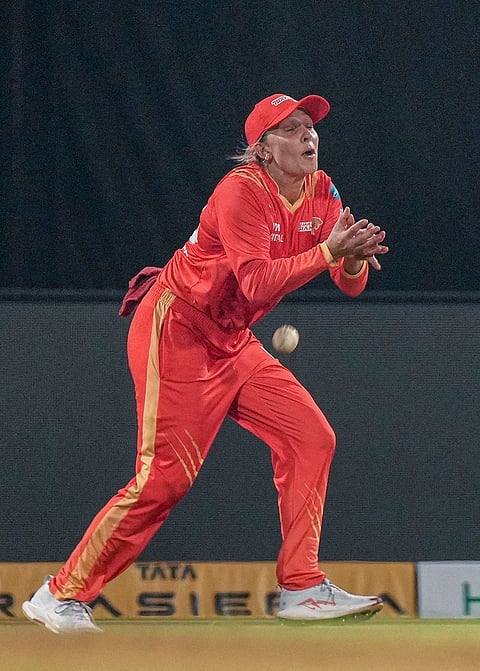 Gujarat Giants' captain Ashleigh Gardner during the Women's Premier League (WPL) T20 cricket match between Royal Challengers Bengaluru and Gujarat Giants, at the DY Patil Stadium, in Navi Mumbai.