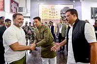 Day In Pics: January 17, 2026 | Photo: PTI : LoP in the Lok Sabha and Congress leader Rahul Gandhi, left, meets LoP in the Madhya Pradesh assembly Umang Singhar, right, and state party President Jitu Patwari, upon his arrival at Devi Ahilyabai Holkar International airport, in Indore.