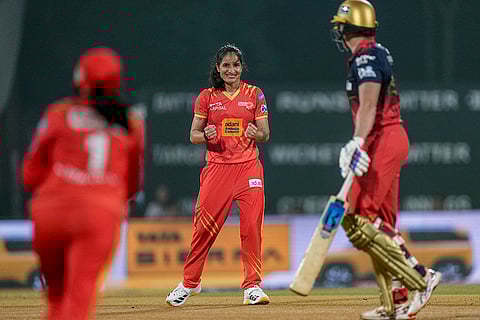 Gujarat Giants' Renuka Singh during the Women's Premier League (WPL) T20 cricket match between Royal Challengers Bengaluru and Gujarat Giants, at the DY Patil Stadium, in Navi Mumbai.
