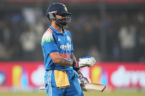 India's Virat Kohli reacts as he leaves the field after losing his wicket during the third One Day International cricket match between India and New Zealand in Indore, India.