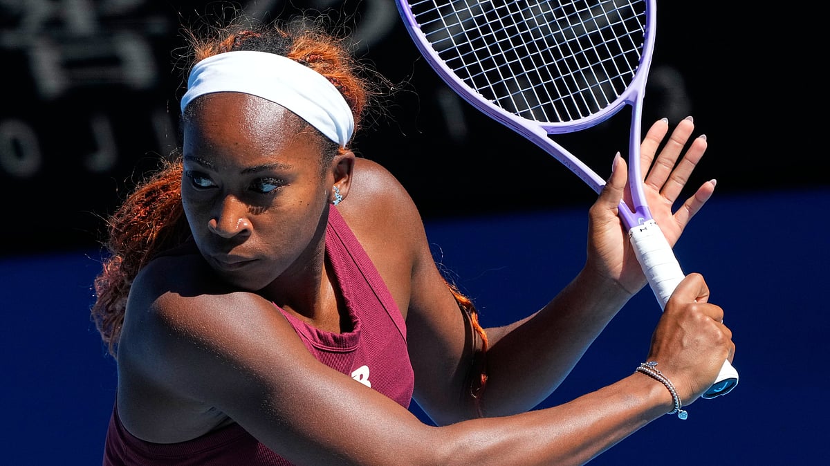 Coco Gauff of the United States plays a backhand return during a practice session ahead of the Australian Open tennis championship in Melbourne, Australia, Saturday, Jan. 17, 2026.  - AP Photo/Dar Yasin