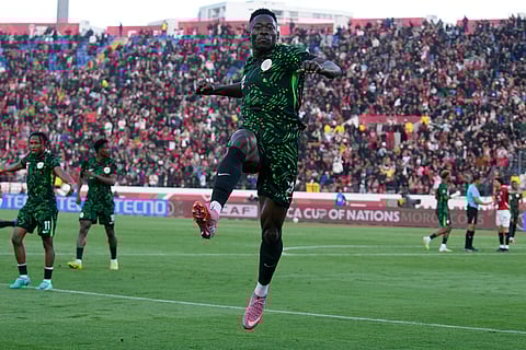 Nigeria's Akor Adams celebrates after scoring a goal which was later disallowed, during the Africa Cup of Nations third place game between Egypt and Nigeria in Casablanca, Morocco.