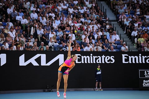 Aryna Sabalenka of Belarus serves to Tiantsoa Rakotomanga Rajaonah of France during their first round match at the Australian Open tennis championship in Melbourne, Australia.