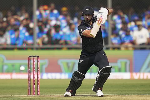 New Zealand's Daryl Mitchell plays a shot during the third One Day International cricket match between India and New Zealand in Indore, India.