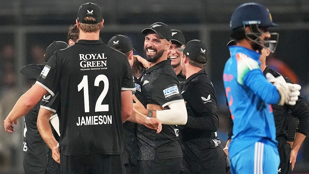 AP : New Zealand's players celebrate after winning the third ODI against India in Indore.