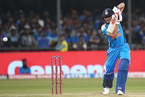 India's captain Shubman Gill plays a shot during the third One Day International cricket match between India and New Zealand in Indore, India.