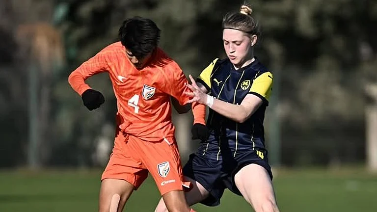 India's Shilky Hemam challenges for the ball during the FIFA international women's friendly match against FC Metalist 1925 Kharkiv on January 18, 2026. - | Photo: Instagram/m1925wfc
