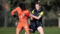 | Photo: Instagram/m1925wfc : India's Shilky Hemam challenges for the ball during the FIFA international women's friendly match against FC Metalist 1925 Kharkiv on January 18, 2026.