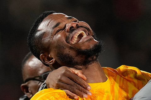 Nigeria's goalkeeper Francis Uzoho celebrates after winning on penalties during the Africa Cup of Nations third place game between Egypt and Nigeria in Casablanca, Morocco.
