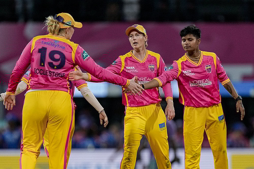 UP Warriorz's players during the Women's Premier League (WPL) T20 cricket match between Mumbai Indians and UP Warriorz, at the DY Patil Stadium, in Navi Mumbai. - | Photo: PTI/Kunal Patil