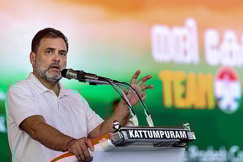 LoP in the Lok Sabha and Congress leader Rahul Gandhi addresses the gathering at a Mahapanchayat of newly elected party local body representatives, in Kochi, Kerala. 