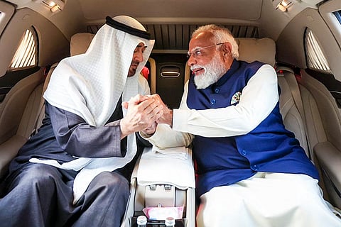 Prime Minister Narendra Modi, right, with UAE President Sheikh Mohamed bin Zayed Al Nahyan on latter's arrival, in New Delhi. 